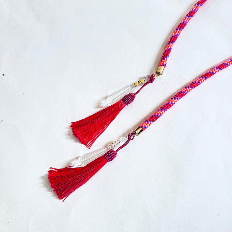 Fringe and Crystal rope end detail. Crystal clear lucite acrylic swing with Mongolian faux fur pillow top, mood swings by La Maison Rebelle, handmade, custom made rope indoor swing. Art piece, sculpture. 