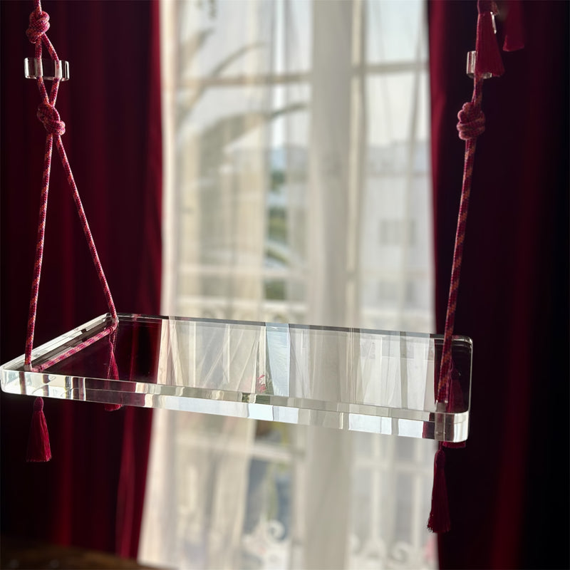 Crystal lucite acrylic swing, mood swings by La Maison Rebelle, handmade, custom come rope indoor swing.