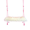 Crystal clear lucite acrylic swing with Mongolian faux fur pillow top, mood swings by La Maison Rebelle, handmade, custom made rope indoor swing. Art piece, sculpture. 