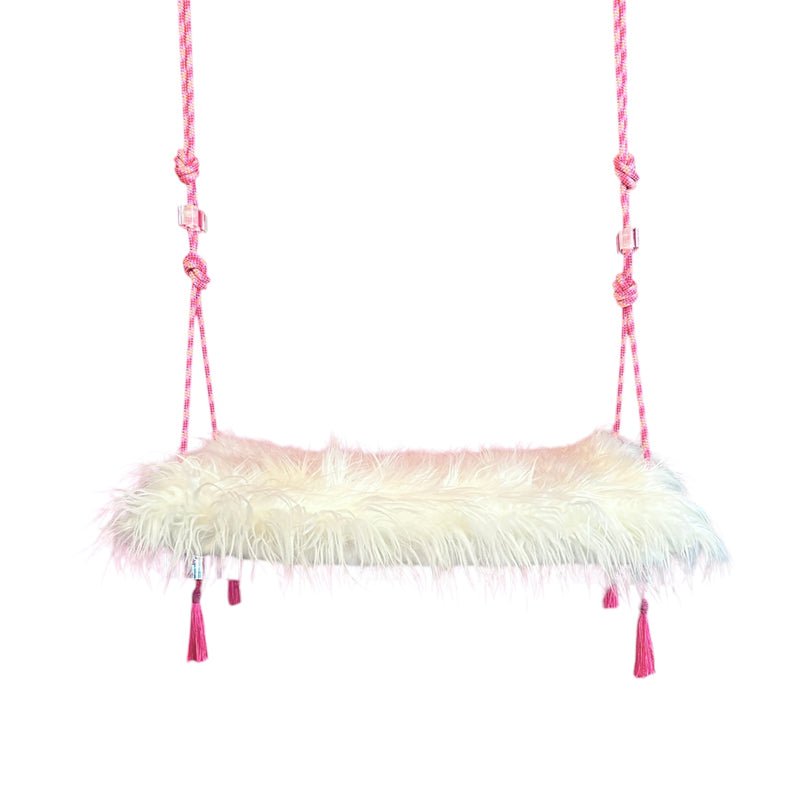 Crystal clear lucite acrylic swing with Mongolian faux fur pillow top, mood swings by La Maison Rebelle, handmade, custom made rope indoor swing. Art piece, sculpture. 